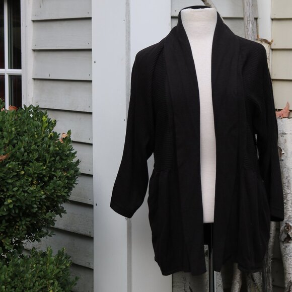 Canyon River Blues Plus Size Black Ribbed w Waistband Shawl Collar Open Cardigan - Picture 1 of 7